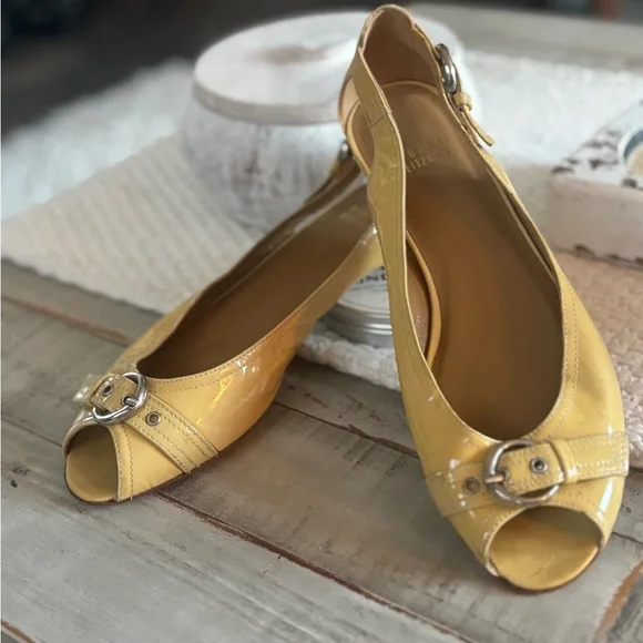 Stuart Weitzman Yellow Peep-Toe Buckle Flats - Picture 1 of 8